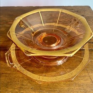 Rose Pink Depression glass 22k gold band pedestal bowl with underplate
